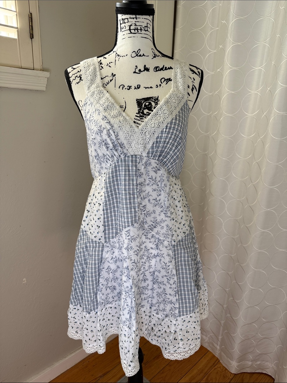 American Eagle Outfitters White & Blue Patchwork Lace-Trim Dress